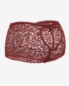 High-waist lace boyshort panties in dark red, scalloped lace edge with front bow