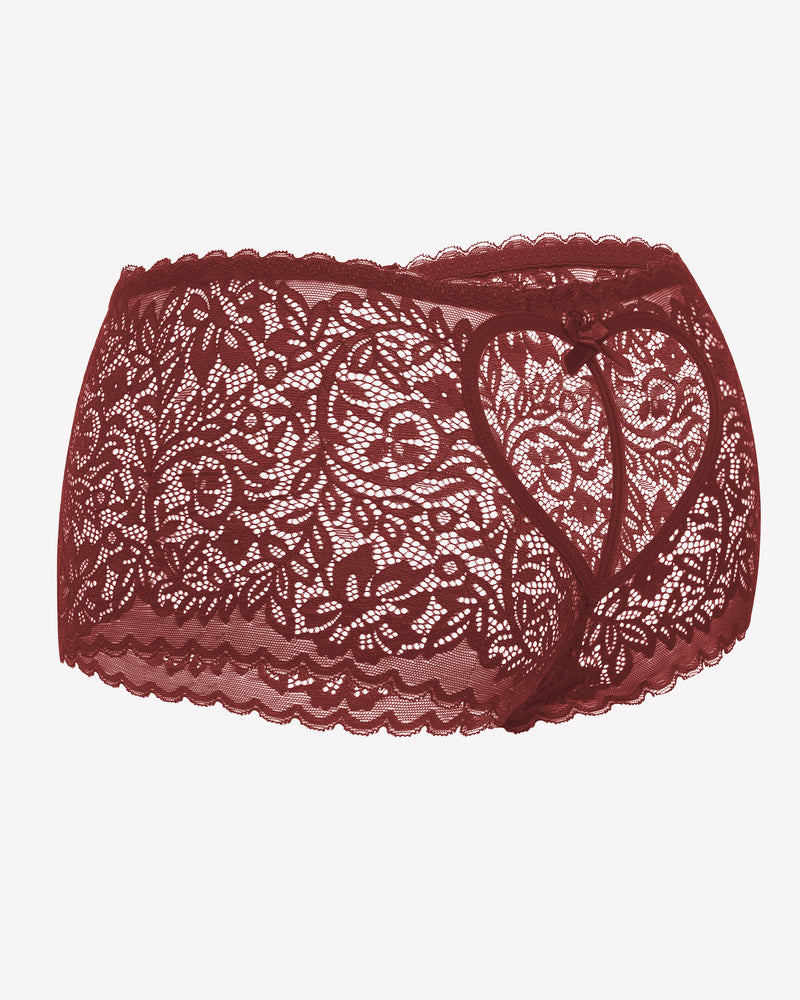 High-waist lace boyshort panties in dark red, scalloped lace edge with front bow