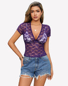 Purple lace mesh short-sleeve top with deep V neckline and twist front