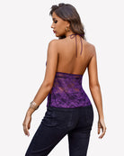 Purple lace halter camisole back with tie straps and sheer floral overlay