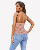 Champagne lace halter camisole back with thin tie straps and sheer floral panel