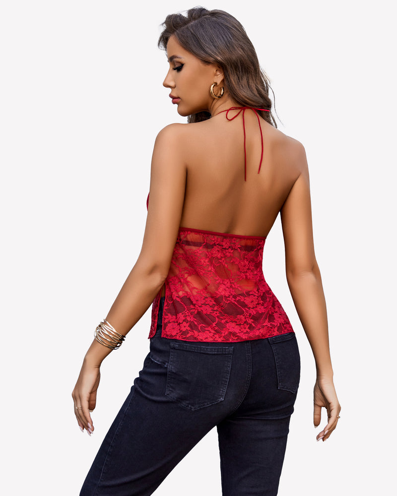 Wine red lace halter camisole back with tie straps and sheer floral overlay