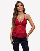 Wine red lace halter camisole top with triangle V-neck and sheer floral overlay