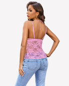 Pink lace halter camisole top, open back with tie straps and floral lace