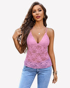 Pink lace halter camisole top with V-neck and sheer floral lace bodice
