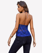 Blue lace halter camisole top, open back with long tie straps and floral lace