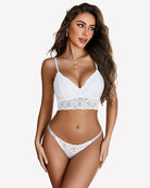 White lace bralette and lace panty set with scalloped lace cups and matching bottoms