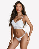 White lace bralette and matching panty set with scalloped trim, sheer floral texture