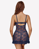 Navy lace mesh sleep dress with open-back design and ruffled hem