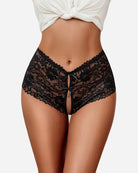 Black high-waist lace panty with scalloped edge and center bow, sheer lace panels