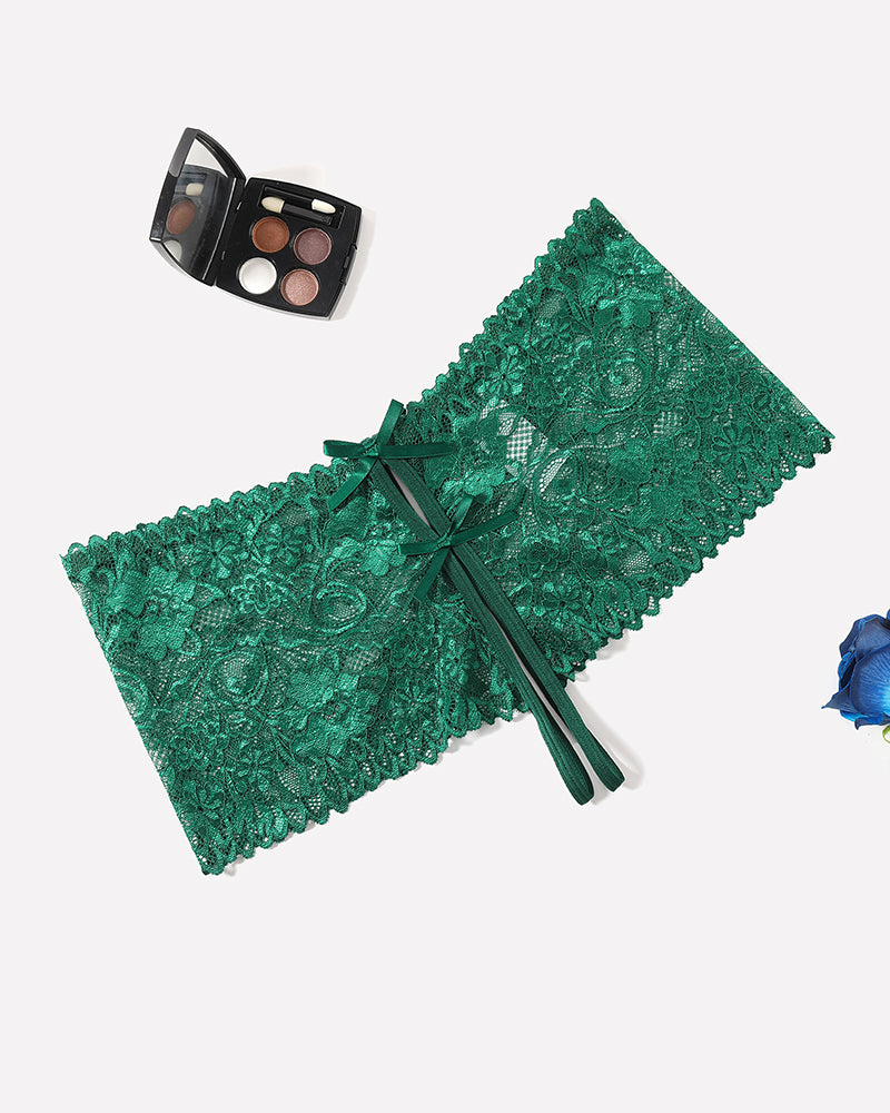 Green high-waist lace panty with scalloped trim and center ribbon bow