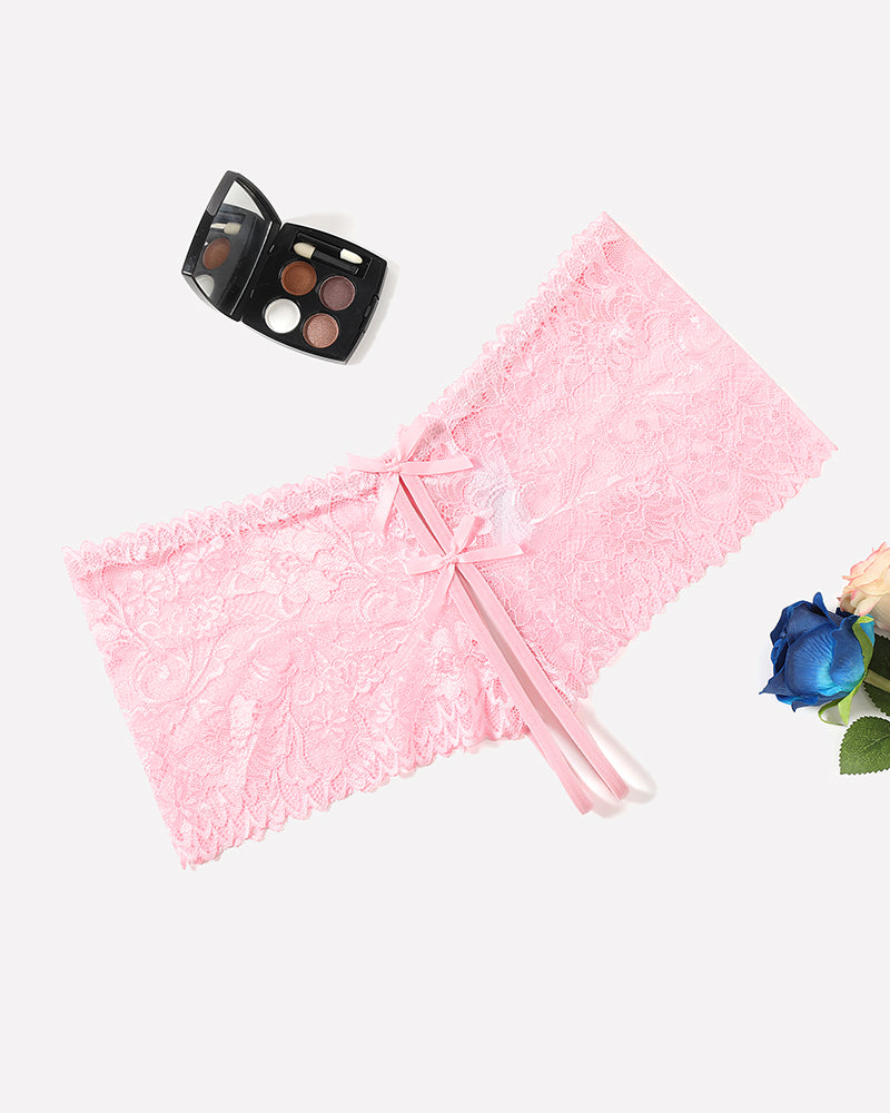 Pink high-waist lace panty with scalloped trim and center ribbon bow