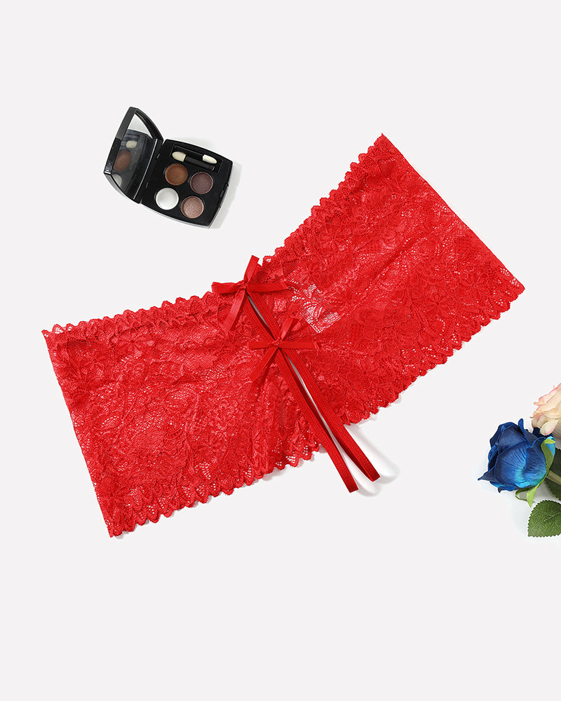 Red high-waist lace panty with scalloped trim and center ribbon bow