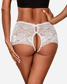 White lace high-waist panty with keyhole cutout and O-ring front strap