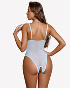 Light blue sheer lace harness bodysuit with open back and garter-style leg cutout
