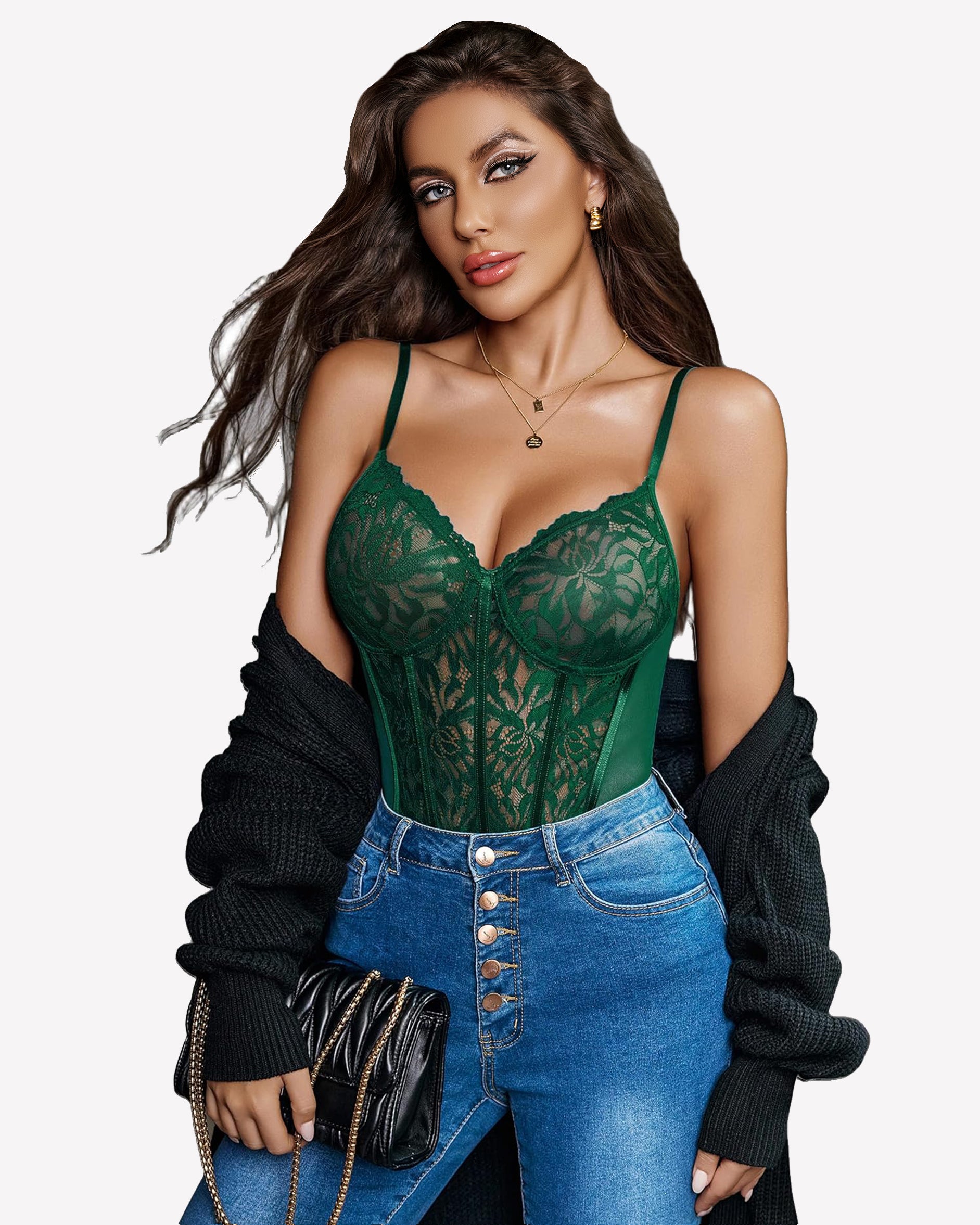 Green lace harness bodysuit with underwire cups and vertical lace center