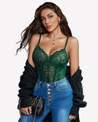Green lace harness bodysuit with underwire cups and vertical lace center