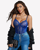 Blue lace harness bodysuit with underwire cups and lace corset panel