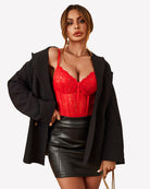Red lace bodysuit with corset-style seams and underwire cups