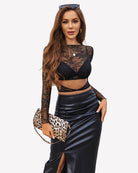 Black lace mesh long-sleeve see-through crop top with triangle bra cups and cutout waist