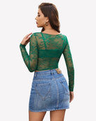Green mesh see-through long-sleeve backless-style top with bra cups and narrow waist