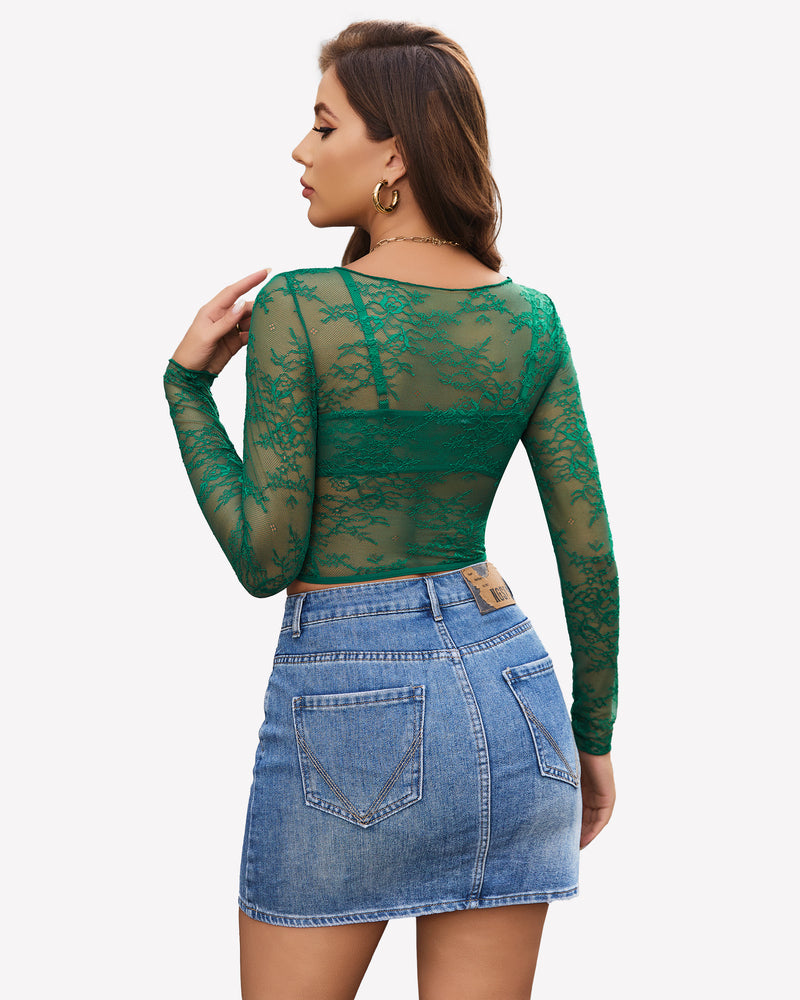 Green mesh see-through long-sleeve backless-style top with bra cups and narrow waist