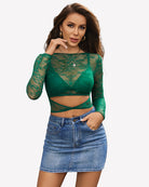 Green mesh see-through long-sleeve top with triangle bra cups and under-bust cutout
