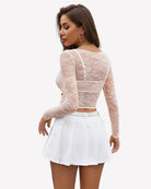 Light cream mesh see-through long-sleeve top with bra cups and full back coverage
