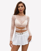 Light cream mesh see-through long-sleeve top with triangle bra cups and waist cutout