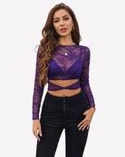 Dark purple mesh see-through long-sleeve top with triangle bra cups and waist cutout