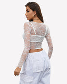 Mesh see-through long-sleeve shirt with lace under-bra, white back view.