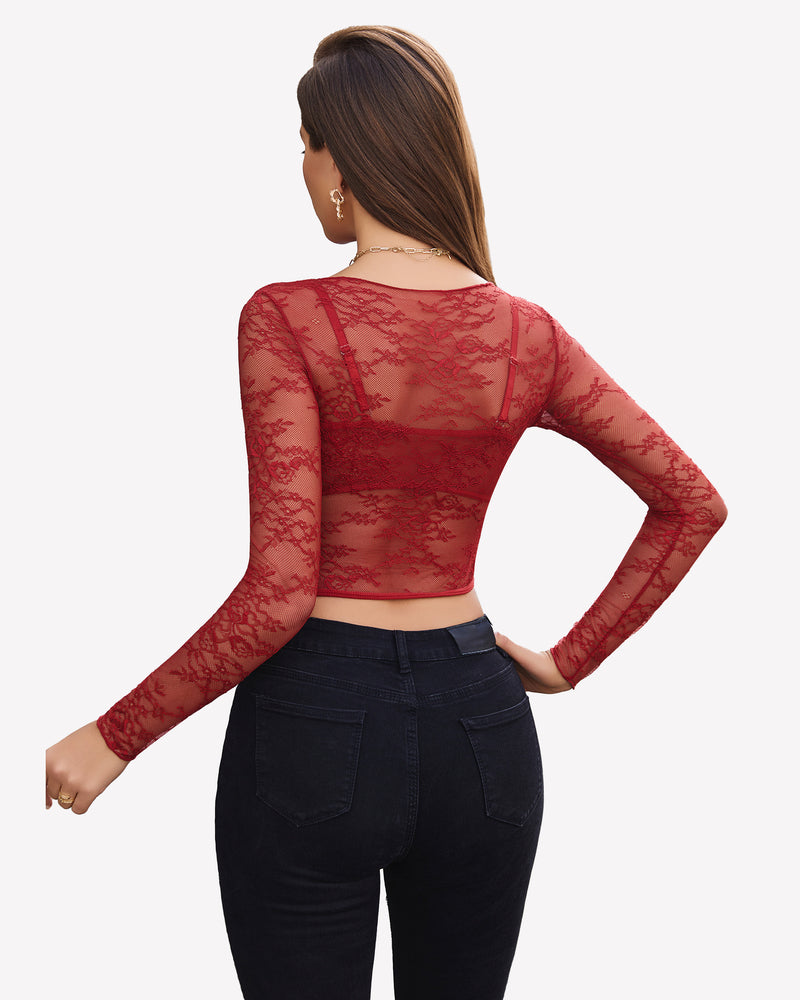 Mesh see-through long-sleeve shirt with lace under-bra, wine red back view.
