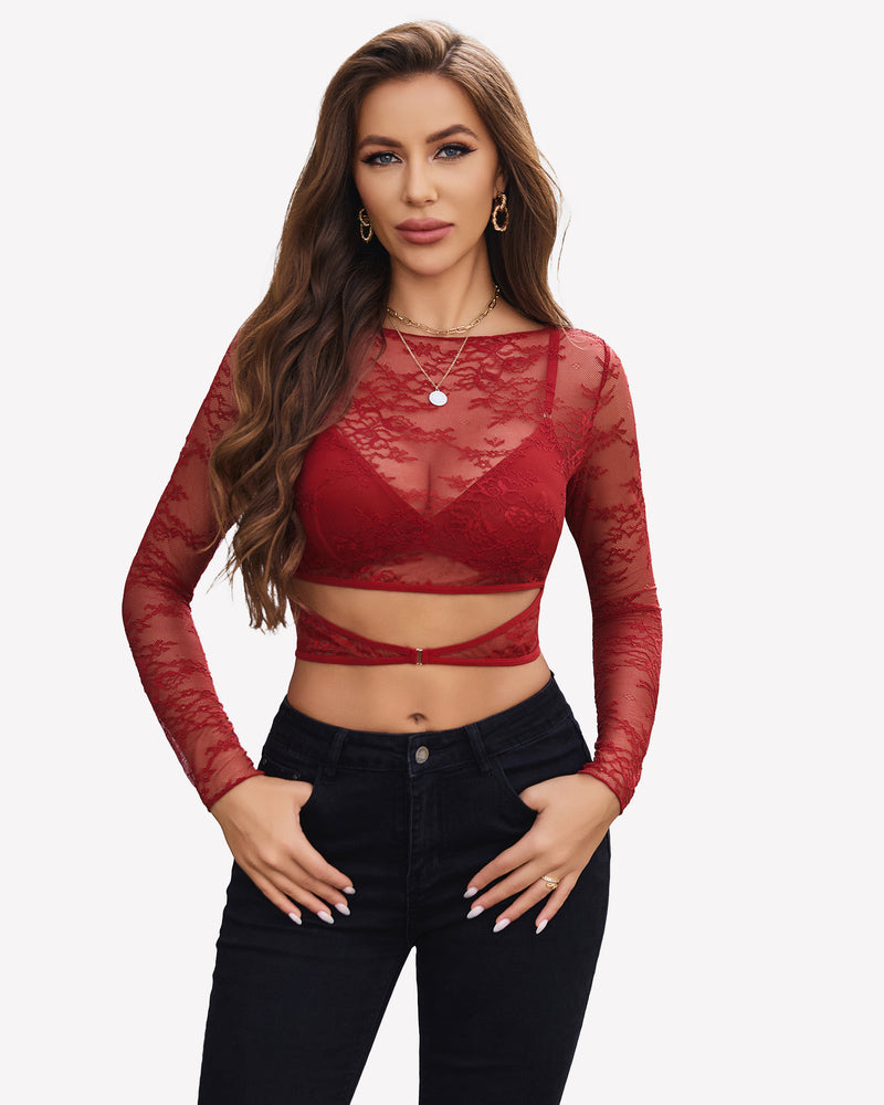 Mesh see-through long-sleeve shirt with lace under-bra, wine red front view.