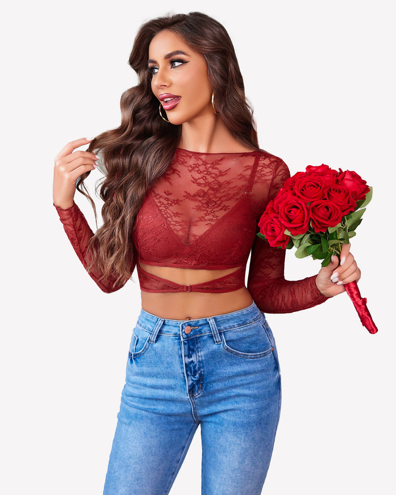 Wine red mesh see-through long-sleeve shirt with built-in bra, lace