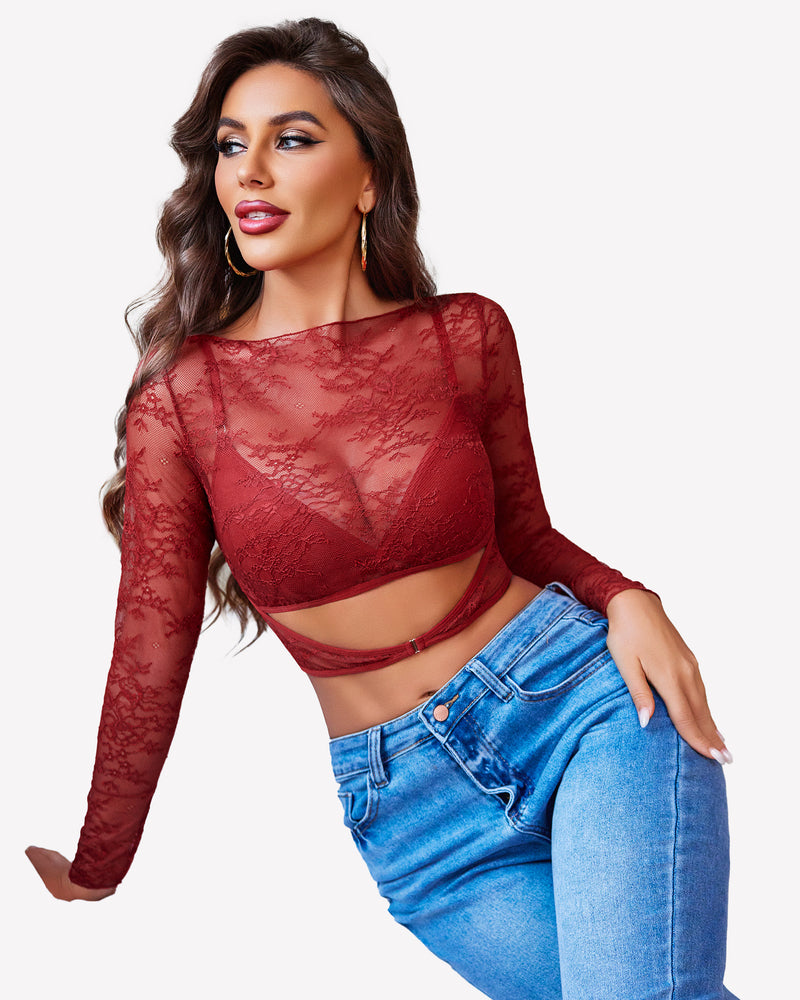 Wine red mesh see-through long-sleeve crop top with built-in bra, lace