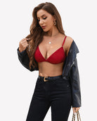 Mesh see-through long-sleeve shirt with lace under-bra, wine red front view.