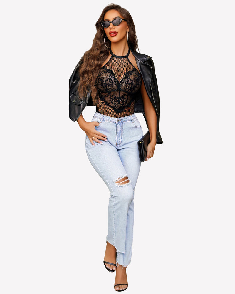 Black mesh halter teddy with lace floral front, worn under a black jacket