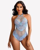 Light blue mesh one-piece halter teddy with lace floral overlay and scalloped edges