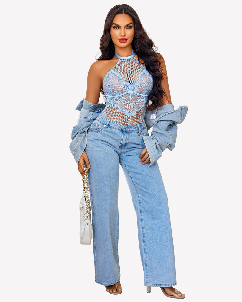 Light blue mesh halter teddy with lace floral front, worn with blue jeans