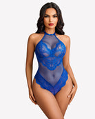 Blue mesh one-piece halter teddy with lace floral overlay and scalloped hem