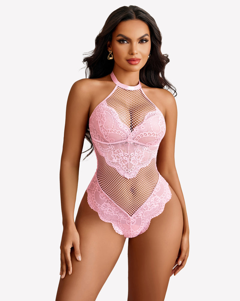 Pink mesh one-piece halter teddy with lace cups and high halter neckline