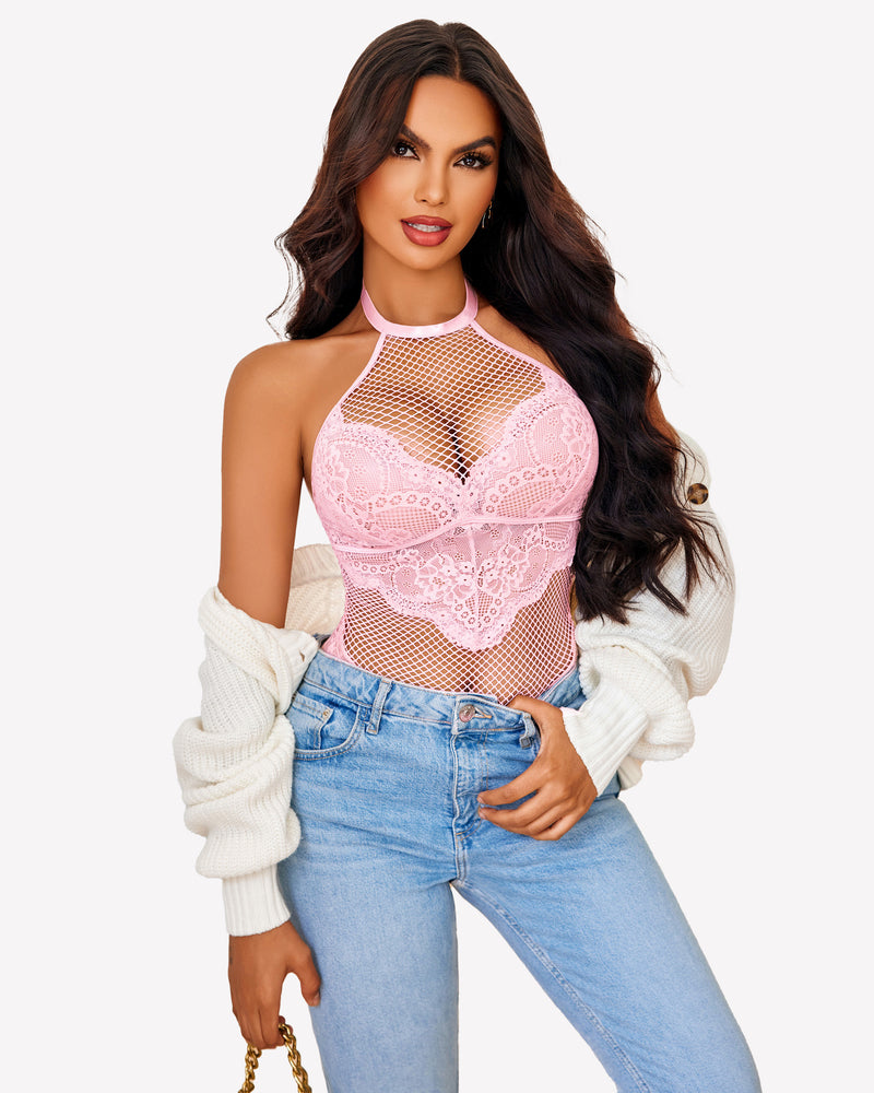 Pink mesh halter one-piece teddy with lace overlay and contrast high collar