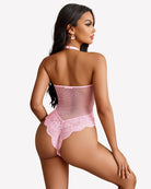 Pink mesh one-piece halter teddy with lace back and open rear cutout