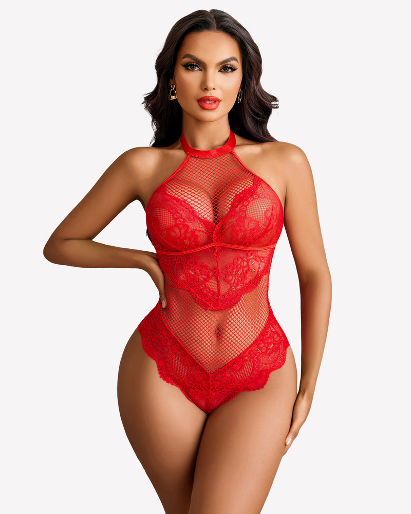 Red mesh one-piece halter teddy with lace front panel and high neckline