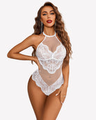 White mesh halter one-piece teddy with lace cups and scalloped lace trim