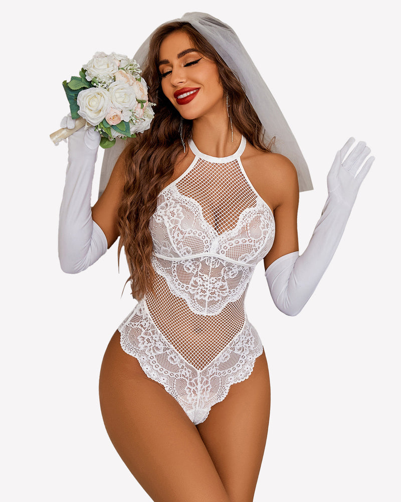 White mesh one-piece halter teddy with lace overlay and high neckline