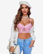 Pink lace high waist bra and panty set with bow-front cups