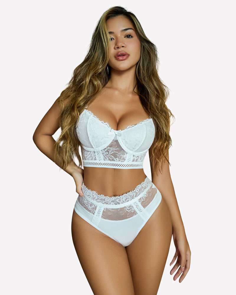 High waist bra and panty set, white lace underwire bra and briefs