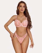 Pink underwire lace bra and lace G-string panty set