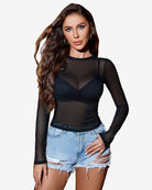 Black sheer long-sleeve blouse with V keyhole front and ruched drawstring waist hem